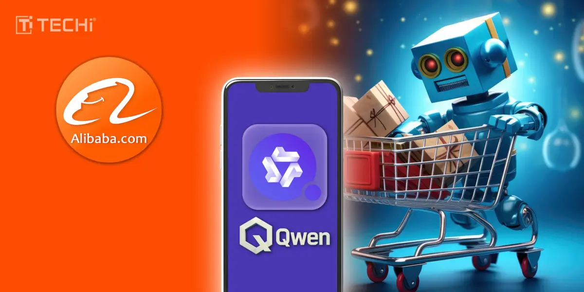 Alibaba Qwen App Beta promotional image featuring the Alibaba logo, a smartphone with the Qwen interface, and a blue robot pushing a shopping cart with packages.