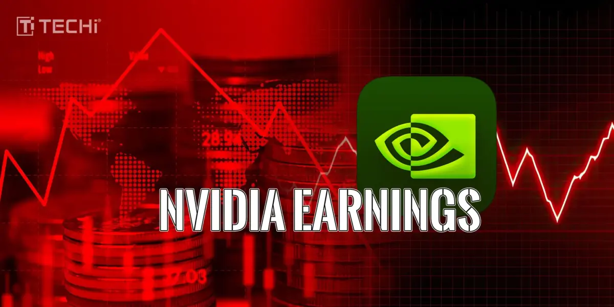 Nvidia logo with a red stock chart and downward trend lines, symbolizing cautious market sentiment ahead of Nvidia's earnings report.