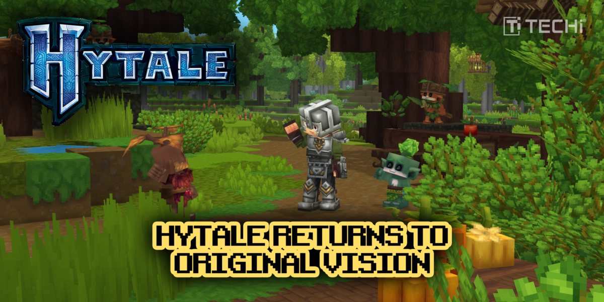 Hytale logo and game environment featuring block-based world.