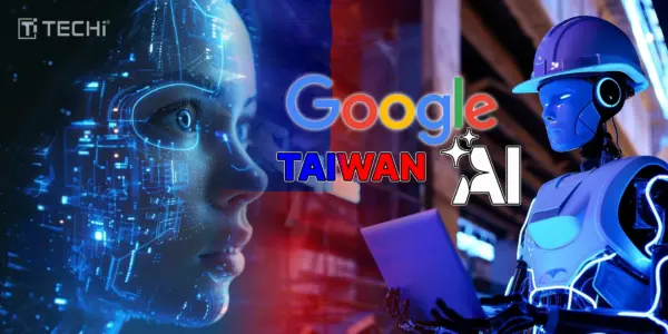 Digital illustration showing a humanoid robot and a futuristic AI interface with the Google logo and the word “Taiwan,” representing Google’s new AI engineering centre in Taiwan.