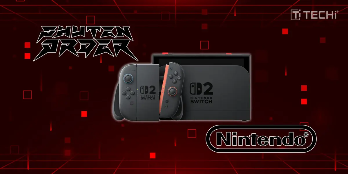 Promotional image of Nintendo Switch 2 console with red and gray Joy-Cons on a digital red grid background.