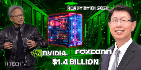Jensen Huang and Foxconn chairman standing on each side of a brightly lit supercomputer, with text showing Nvidia, Foxconn, and $1.4 billion investment for a Taiwan supercomputing cluster ready by H1 2026.