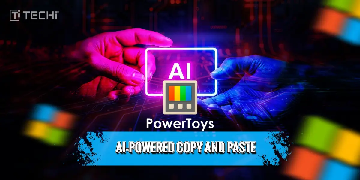 A vibrant digital illustration showing two hands, one pink and one blue, holding a glowing “AI” sign with the Microsoft PowerToys icon below it, representing AI-powered copy-and-paste functionality.