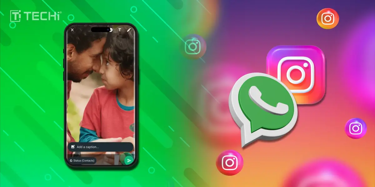 A smartphone showing a WhatsApp status update screen with a father and child photo, surrounded by WhatsApp and Instagram icons on a colorful gradient background.