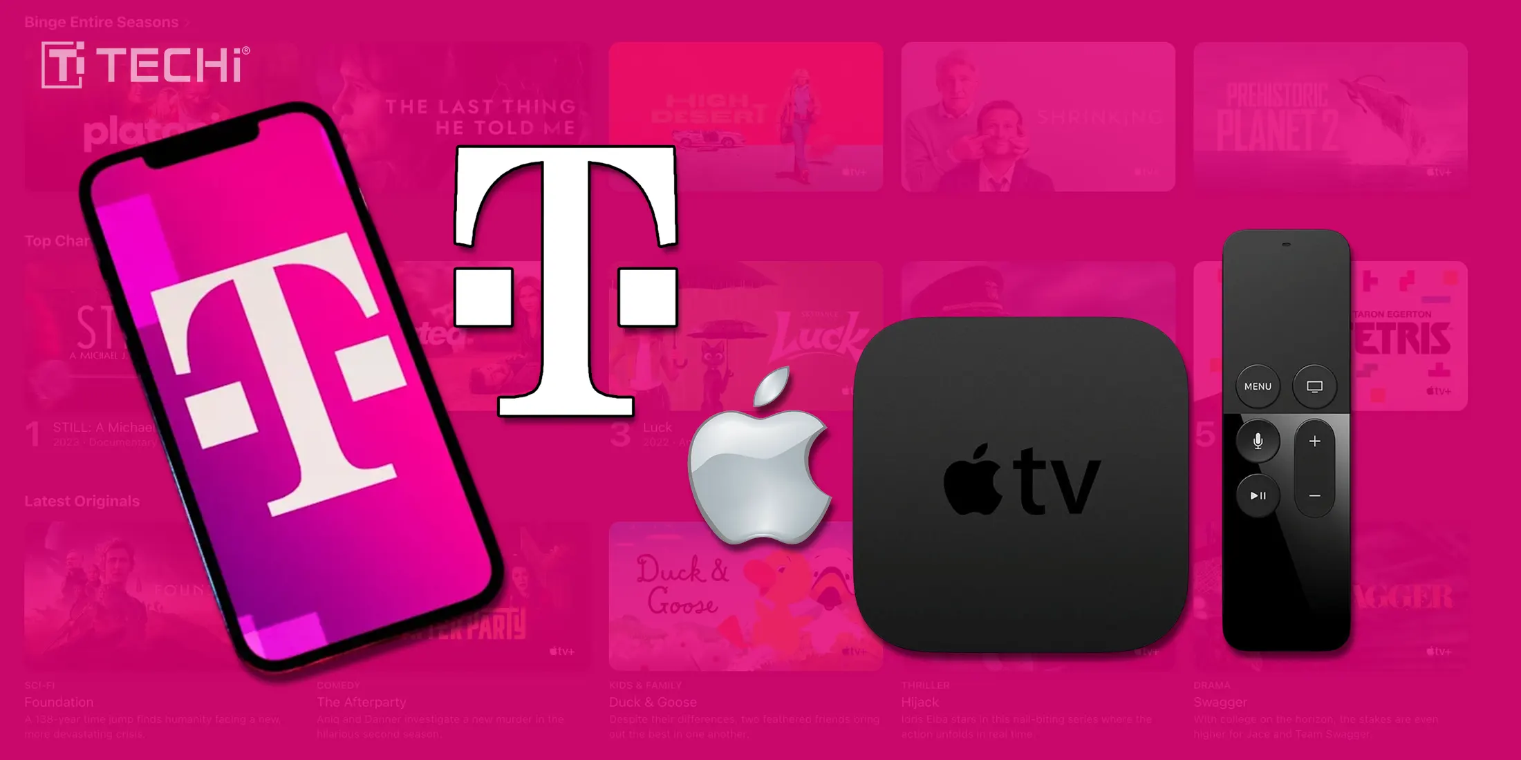 Magenta image showing T-Mobile smartphone, Apple TV device and remote, TECHi logo, and streaming thumbnails.