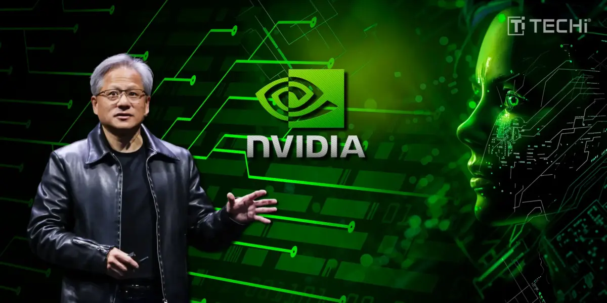 Image of NVIDIA CEO Jensen Huang with digital human face, green circuit background, NVIDIA logo, and TECHi branding.
