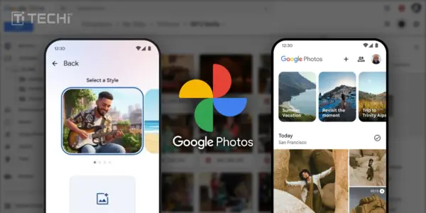 Google Photos interface showing new AI-powered editing options and personalized photo search features, with enhanced tools for easy photo styling and organization.