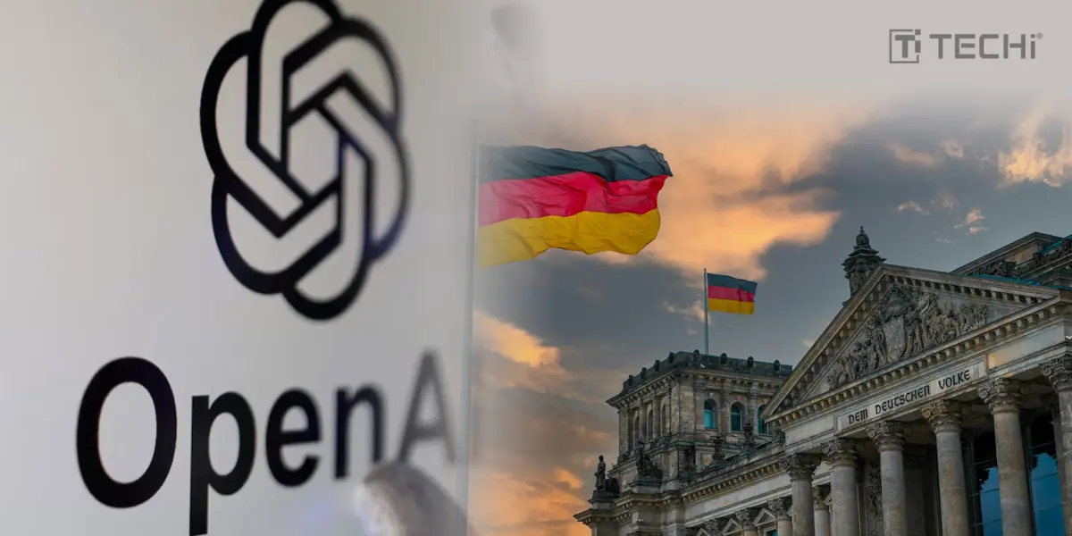 OpenAI logo and the German government building with the German flag, symbolizing the court's ruling on OpenAI's violation of copyright laws by using song lyrics in ChatGPT training.