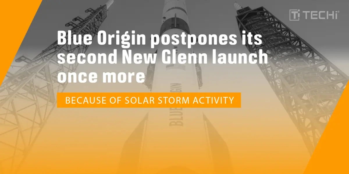 Blue Origin's New Glenn rocket delayed again due to solar storm activity, with the rocket and the launch tower featured in the image.