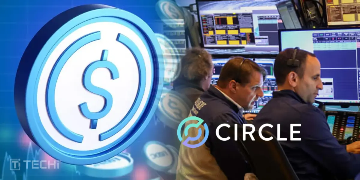 Circle logo with USDC stablecoin symbol and a background of financial trading activity, representing Circle’s strong quarterly performance driven by stablecoin growth.