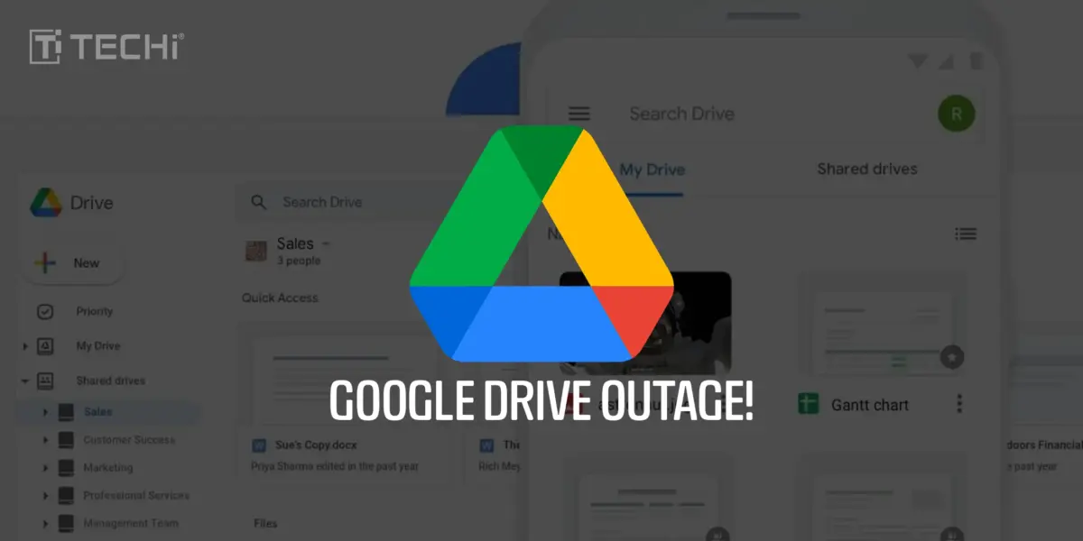 Google Drive logo over an image of the app interface, indicating an outage affecting thousands of users with disruptions in file access and sharing.