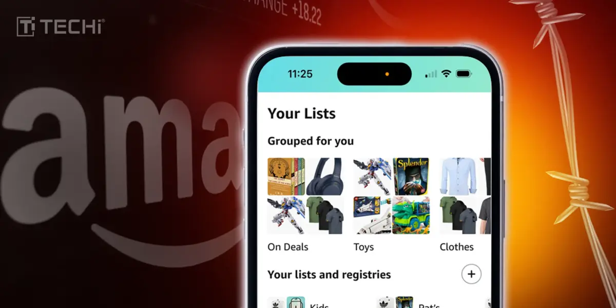 Smartphone showing Amazon shopping lists in front of a blurred Amazon logo and stock-market themed background, representing Amazon’s $12 billion U.S. bond sale.