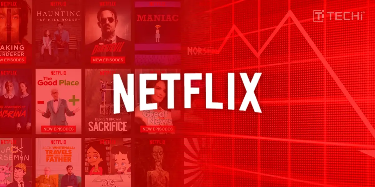 Netflix logo displayed over a red background featuring popular Netflix show thumbnails and a stock trend line indicating market performance.