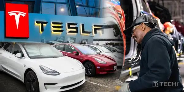Tesla showroom displaying cars and a worker at the production line, symbolizing the brand's legal and manufacturing journey.