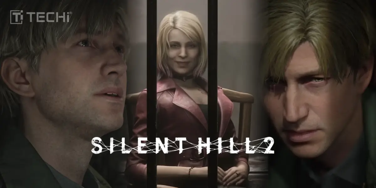 Promotional image for Silent Hill 2 featuring three characters—two serious men and a smiling woman behind bars—with TECHi logo.