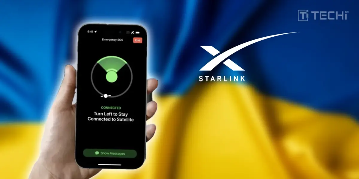 Smartphone showing satellite SOS interface with Ukraine flag background, Starlink logo, and TECHi branding.