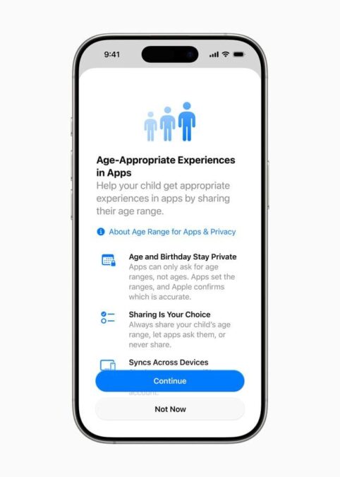 Smartphone screen showing a setup page titled "Age-Appropriate Experiences in Apps." The page explains how sharing a child’s age range helps tailor app experiences, with privacy safeguards. Key points include: age and birthday remain private, sharing is optional, and settings sync across devices. Two buttons at the bottom offer "Continue" and "Not Now."