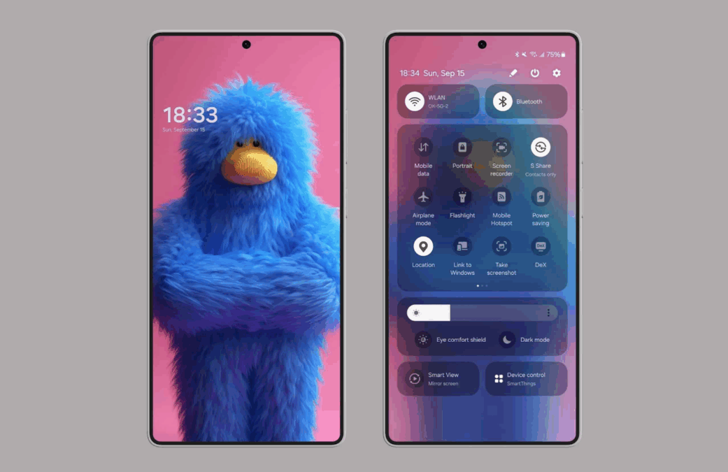 Image of a smartphone displaying a fuzzy blue bird character on the left screen and the settings menu on the right screen. The phone showcases a vibrant background and various icons such as WLAN, Bluetooth, and Dark Mode in the settings.