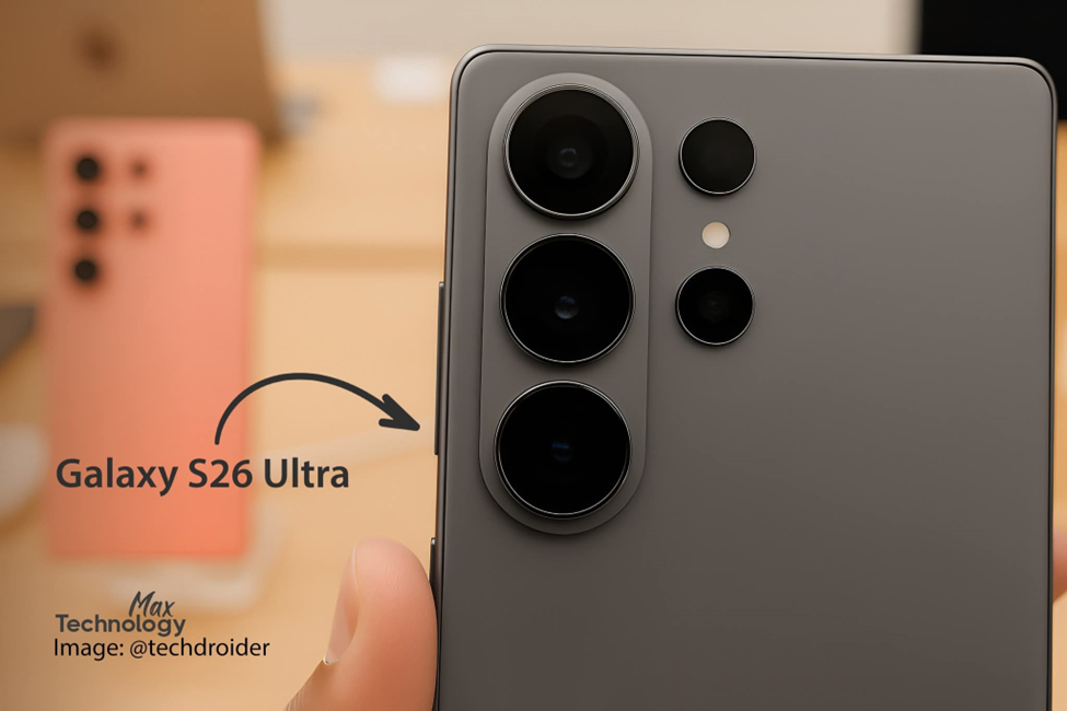Close-up of the rear camera module of the Galaxy S26 Ultra with three lenses, highlighting the camera design. The image points out the device with an arrow labeled 'Galaxy S26 Ultra' alongside the text crediting Max Technology and @techdroider for the image.