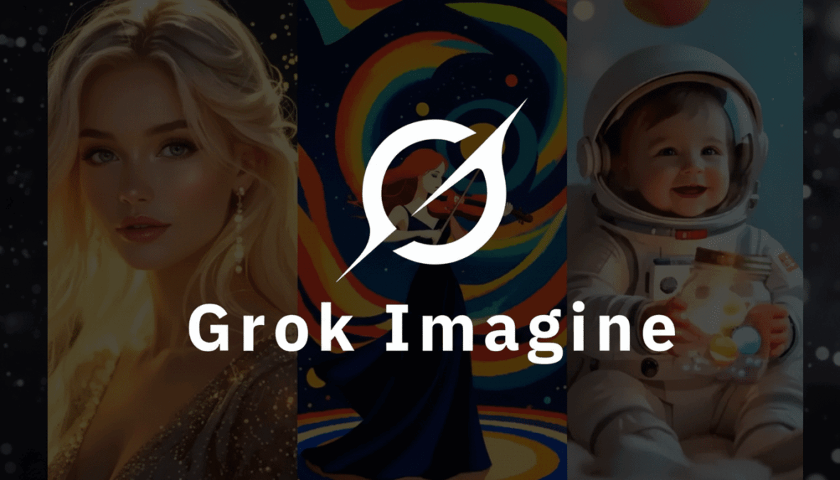 Elon Musk Turns to Grok to Envision What Love Could Be 2 Logo of Grok Imagine, featuring AI-generated art of a woman, a violinist, and a child in an astronaut suit. The logo is placed in the center, representing the creative possibilities of AI-generated visuals.