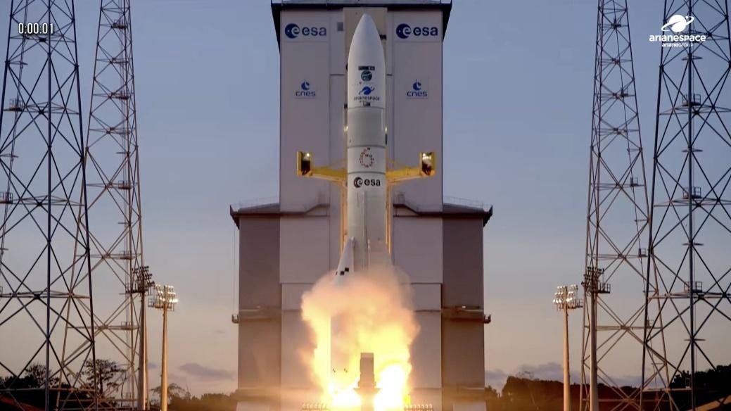 Arianespace Ariane 6 rocket lifting off from Europe's Spaceport in French Guiana, marking a successful launch for the European Space Agency's mission.






