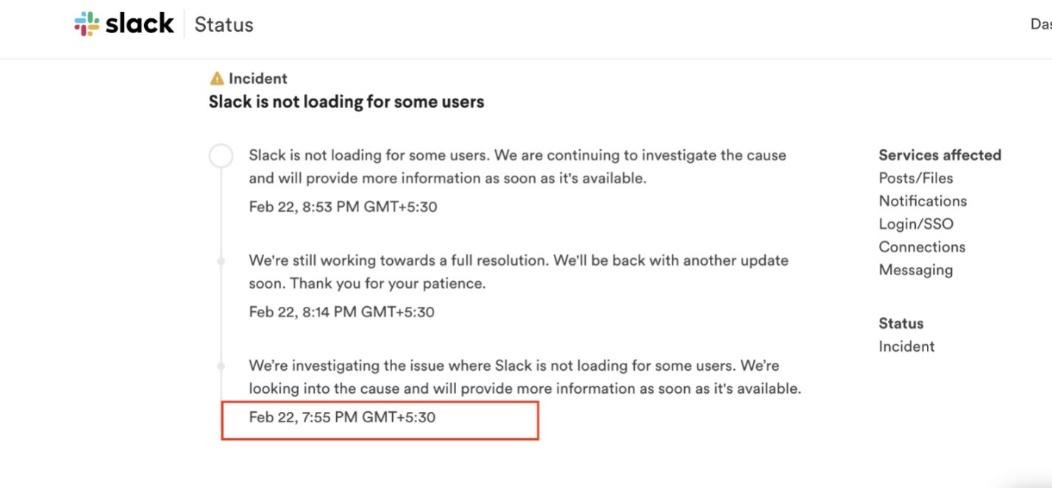 Slack status page showing an incident report on February 22, where Slack is not loading for some users, with updates on the ongoing investigation and services affected including posts/files, notifications, login/SSO, connections, and messaging.