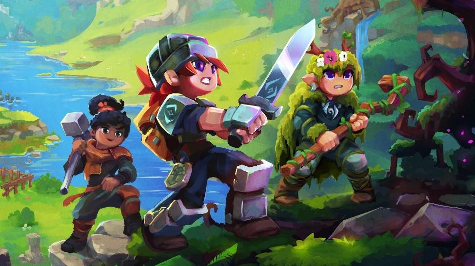 Illustration of three fantasy characters in a lush adventure setting: a red-haired warrior with a sword, a rugged hammer-wielding fighter, and a mystical druid with green hair, flowers, and antlers holding a staff. The background transitions from a bright river and waterfall to a glowing, enchanted forest.