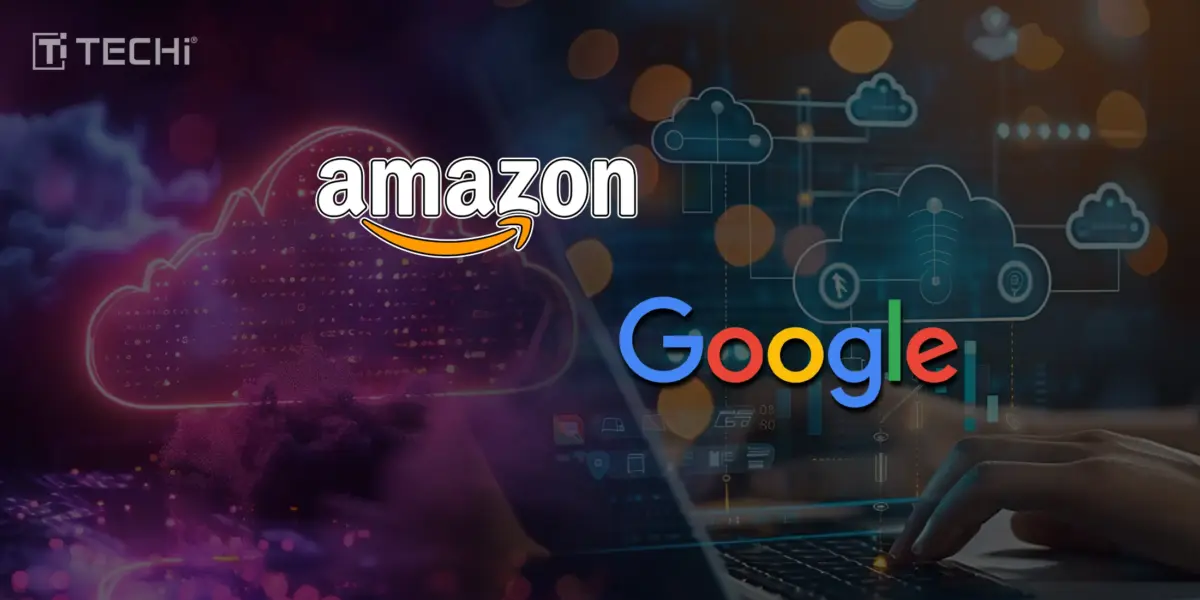 Image comparing AWS and Google Cloud logos over cloud-themed visuals with TECHi branding.