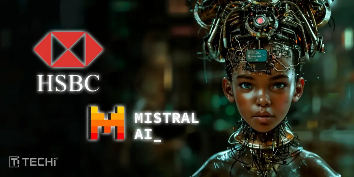 Cybernetic humanoid child with mechanical headgear, HSBC and Mistral AI logos, and TECHi branding on a futuristic background.