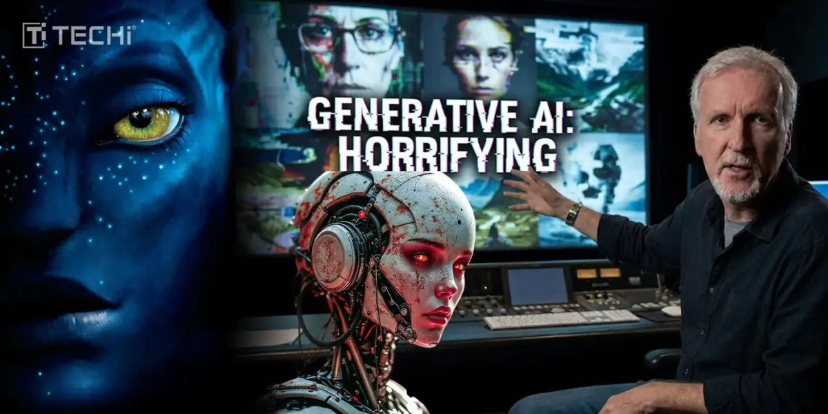 Collage with Avatar-like character, humanoid robot, glitch-text “GENERATIVE AI: HORRIFYING,” and TECHi branding.