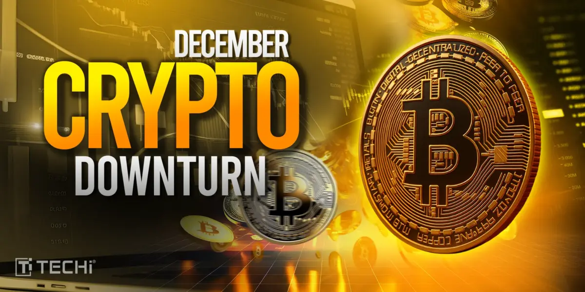 Bitcoin coins and financial charts with “DECEMBER CRYPTO DOWNTURN” text and TECHi branding in gold-dark tones.