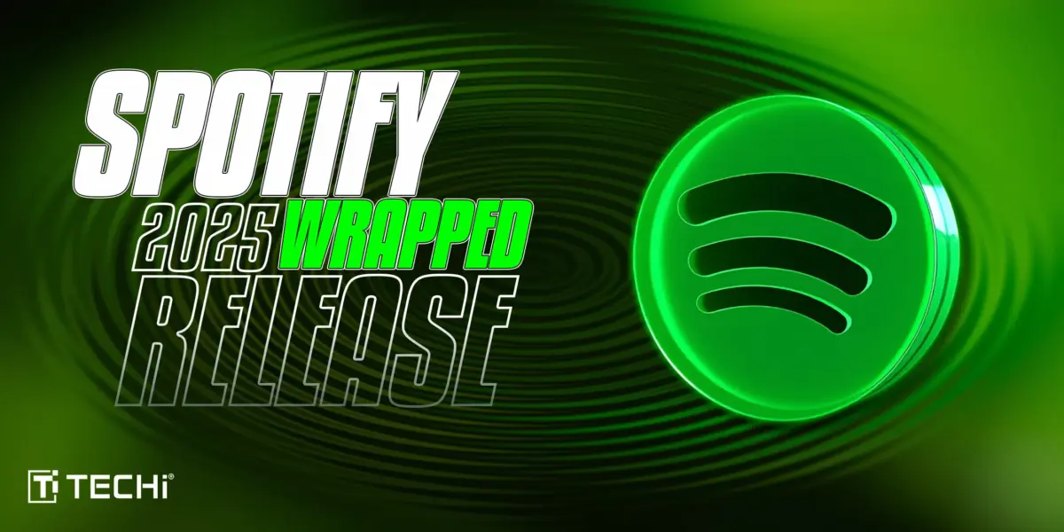 Spotify Wrapped 2025 promo with glowing green logo, circular wave patterns, and TECHi branding.