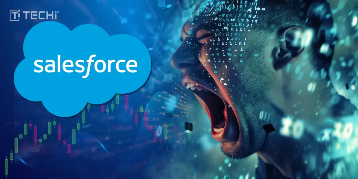 Salesforce cloud logo with financial chart and shouting digital face overlaid with binary code, TECHi branding.