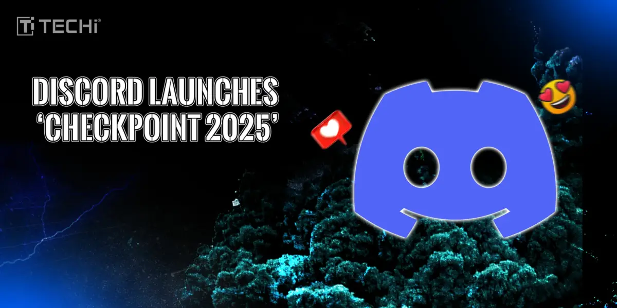 Discord logo with “Checkpoint 2025” headline over cosmic blue background, emoji and TECHi branding.