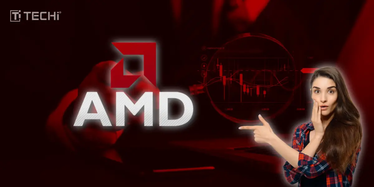 AMD logo with magnified market charts and surprised person pointing, TECHi branding and red-black theme.