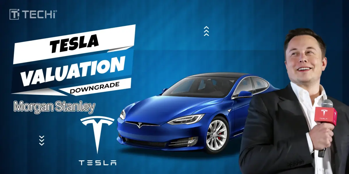 Tesla Model S with valuation downgrade headline and presenter holding branded mic, TECHi branding.