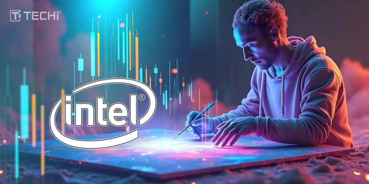 Person in neon-lit hoodie using stylus on glowing surface with Intel logo and data bars, TECHi branding.