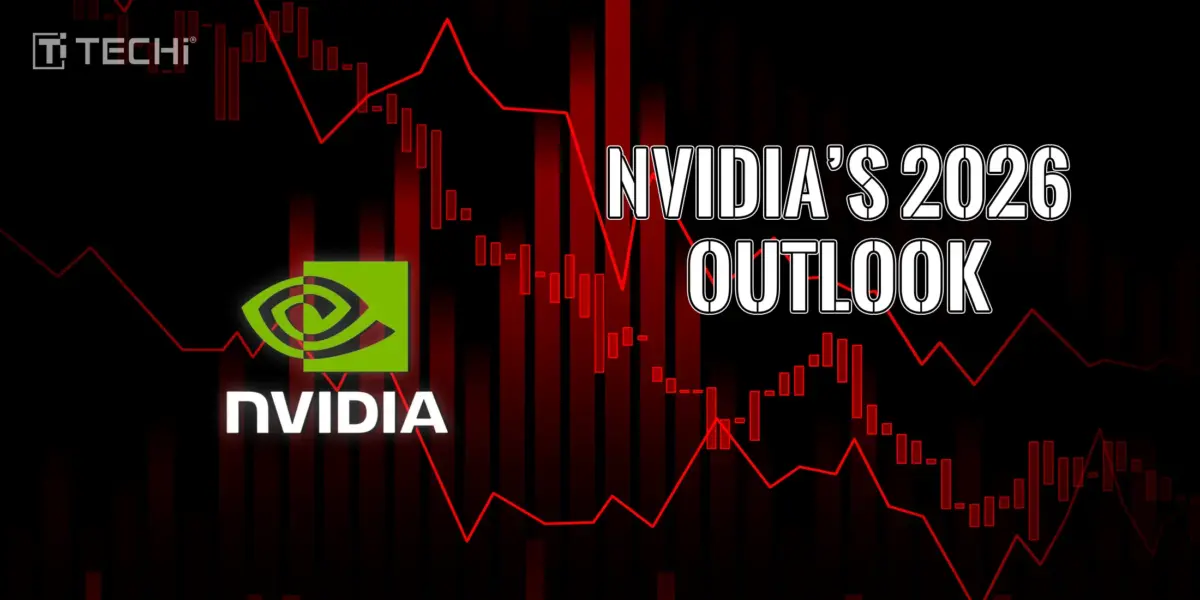 NVIDIA logo with red candlestick chart and “2026 Outlook” headline on dark background, TECHi branding.