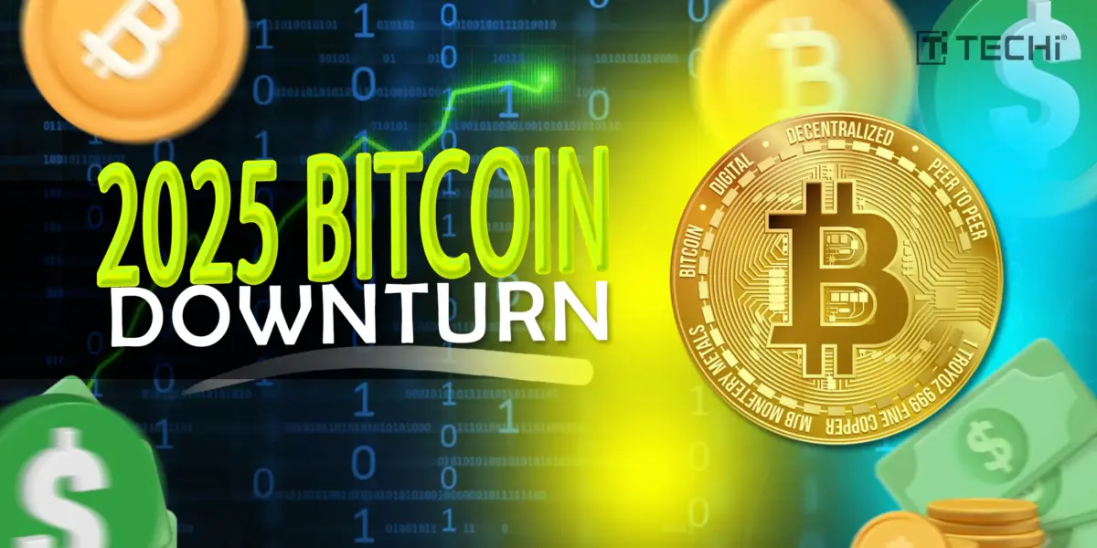 Gold Bitcoin coin with crypto inscriptions, binary background, green market graph, and headline “2025 BITCOIN DOWNTURN.”