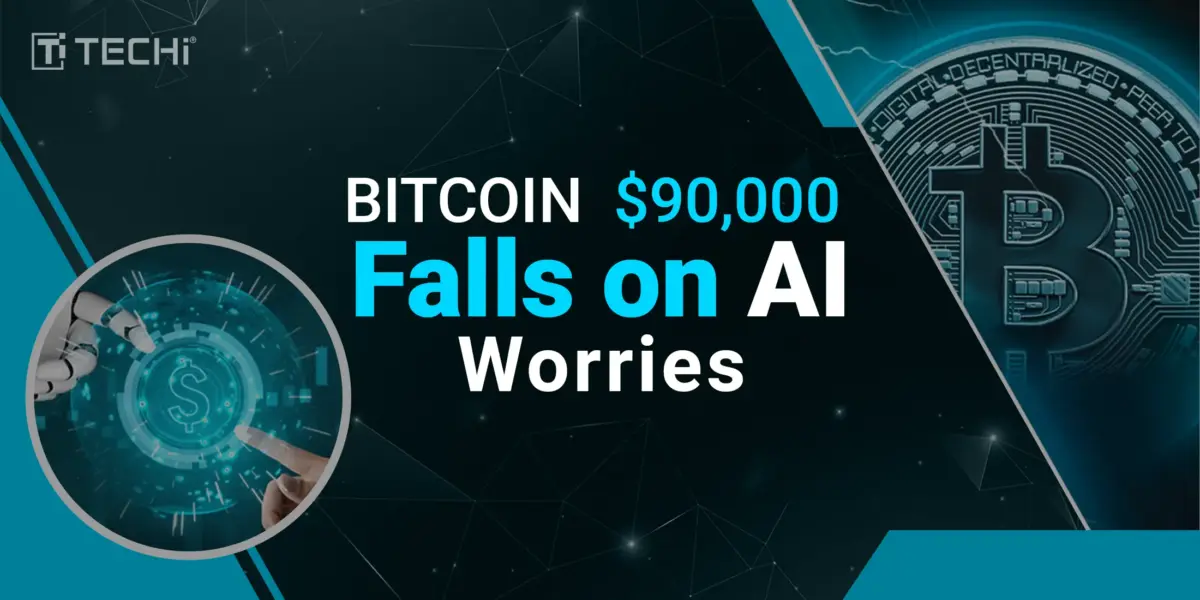 Bitcoin symbol and digital network with headline “BITCOIN $90,000 Falls on AI Worries”; robotic-human interaction inset.