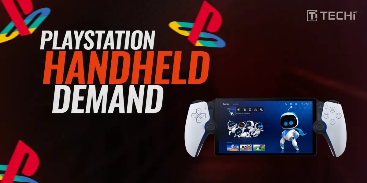 PLAYSTATION HANDHELD DEMAND” text with Astro Bot gameplay on handheld device and PlayStation logos; TECHi logo included.