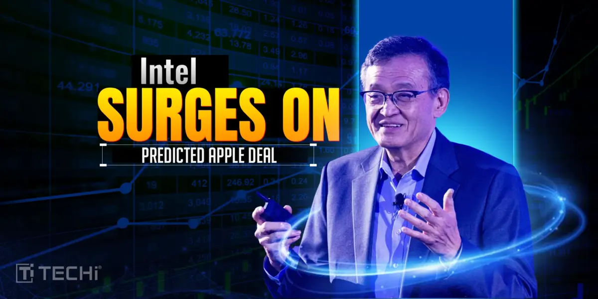 Man in suit speaking with glowing blue overlay, stock charts in background, “Intel SURGES ON PREDICTED APPLE DEAL” text, TECHi branding.