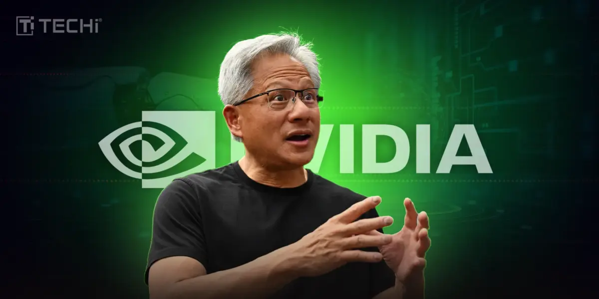 Man speaking in front of NVIDIA logo and green circuit background with TECHi branding.