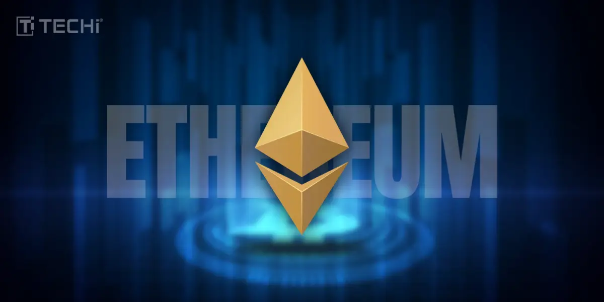 Ethereum logo on glowing platform with digital blue background, vertical light streaks, and TECHi branding.