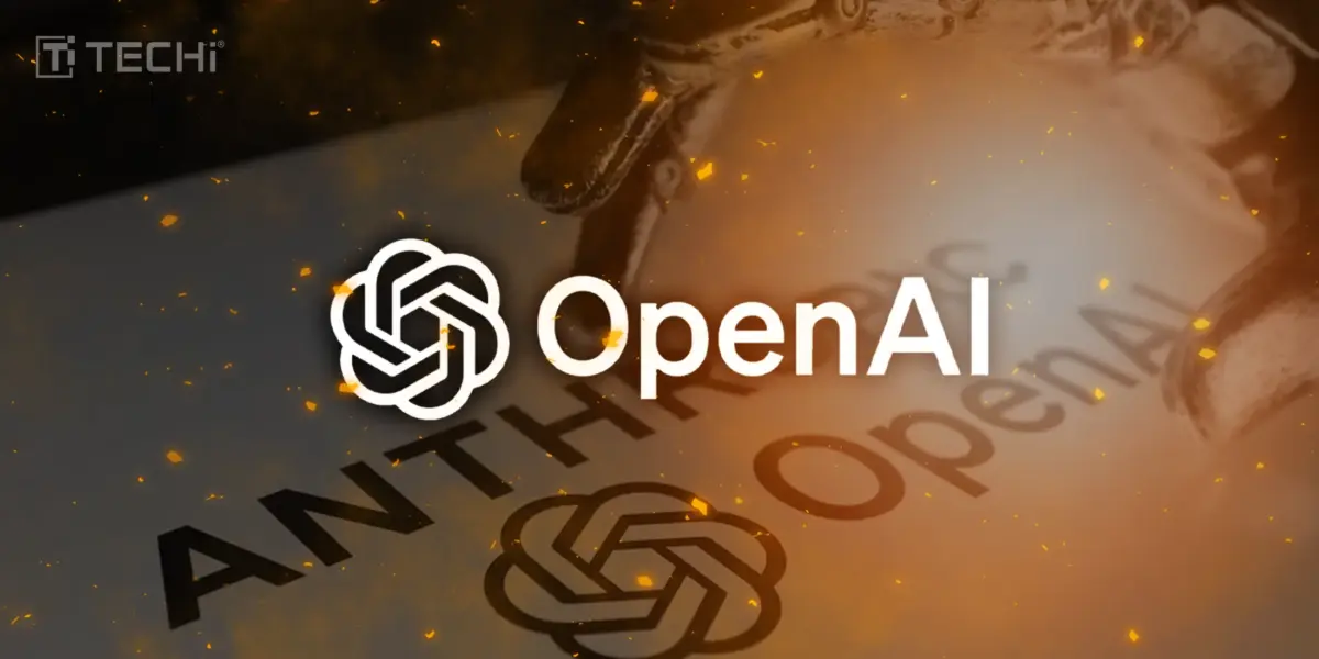 OpenAI logo with robotic hand and Anthropic name in glowing tech-themed background, TECHi branding.