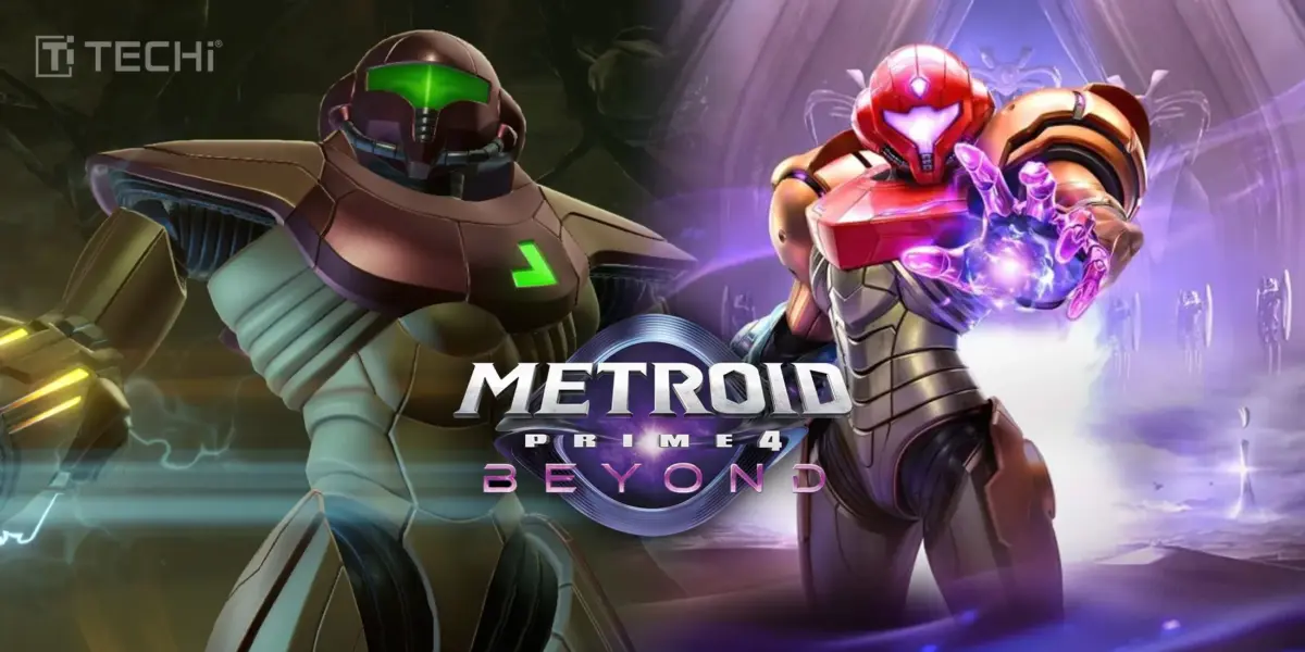 Two armored Samus Aran characters from Metroid Prime 4: Beyond with glowing energy and TECHi branding.