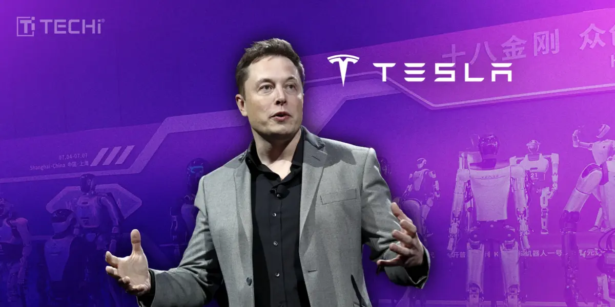 Elon Musk with Tesla humanoid robots at Shanghai event, purple background with TECHi branding.
