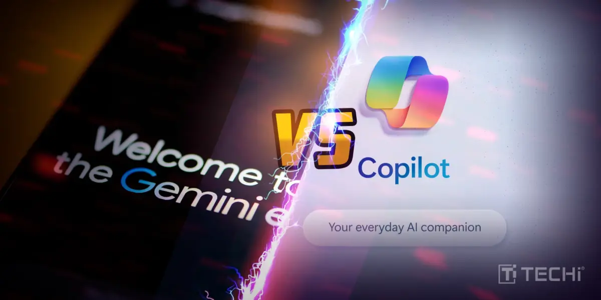 Split-screen image comparing Gemini and Copilot AI platforms with TECHi branding and electric VS symbol.