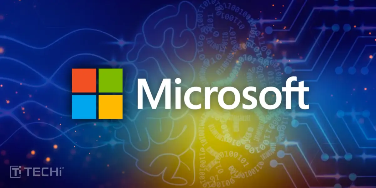 Microsoft logo with stylized brain, binary code, and circuit patterns, TECHi branding.