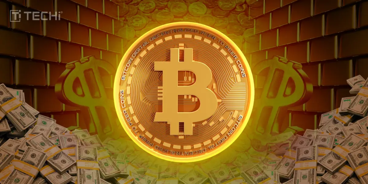 Glowing Bitcoin coin surrounded by gold bars, dollar bills, and dollar signs, with TECHi branding.